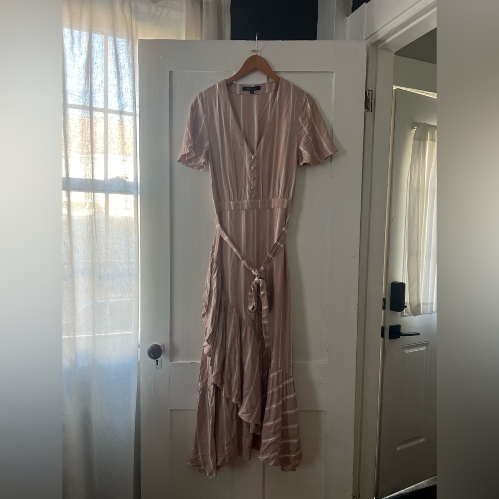 Strut & Bolt Los Angeles Pink White Stripe Ruffle Hem Maxi Dress Size Small
